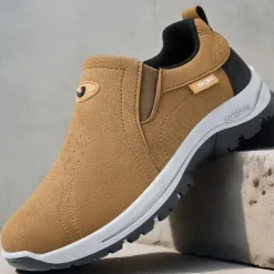 Men's Tan Slip-On Hiking Shoes - Lightweight Outdoor Walking Sneakers with Non-Slip Sole for Trekking and Daily Wear
