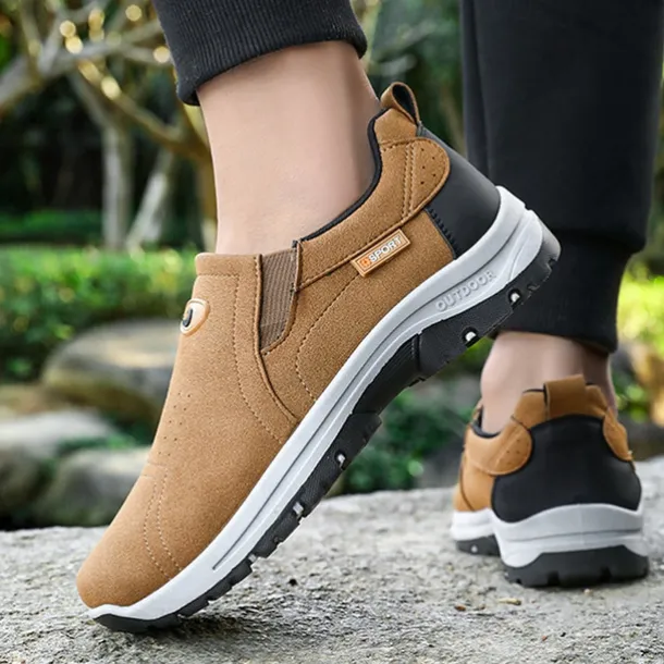 Men's Tan Slip-On Hiking Shoes - Lightweight Outdoor Walking Sneakers with Non-Slip Sole for Trekking and Daily Wear
