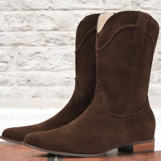 Men's Tan Suede Western Cowboy Boots - Classic Mid-Calf Design for Outdoor and Casual Wear