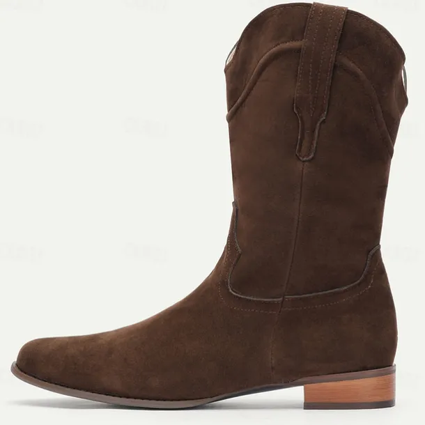 Men's Tan Suede Western Cowboy Boots - Classic Mid-Calf Design for Outdoor and Casual Wear