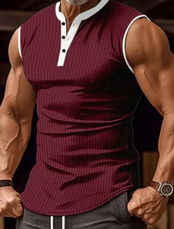 Men's Tank Top Henley Shirt Vest Top Undershirt Sleeveless Henley Summer Color Block Pit Strip Fashion Designer Muscle Outdoor Going out Gym Black White Wine Top Tee for Men