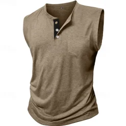 Men's Tank Top Henley Shirt Vest Top Undershirt Sleeveless Henley Summer Plain Fashion Designer Muscle Buttons Outdoor Street Going out Black White Khaki Top Tee for Men