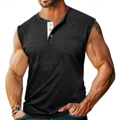 Men's Tank Top Henley Shirt Vest Top Undershirt Sleeveless Henley Summer Plain Fashion Designer Muscle Buttons Outdoor Street Going out Black White Khaki Top Tee for Men