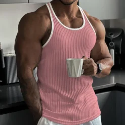 Men's Tank Top Rib Knit Top Wife beater Shirt Sleeveless Crew Neck Summer Color Block Pit Strip Fashion Designer Muscle Outdoor Going out Gym Black White Pink Top Tee for Men