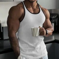 Men's Tank Top Rib Knit Top Wife beater Shirt Sleeveless Crew Neck Summer Color Block Pit Strip Fashion Designer Muscle Outdoor Going out Gym Black White Pink Top Tee for Men