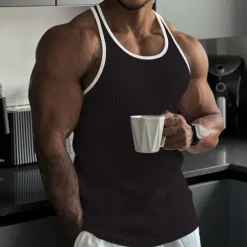 Men's Tank Top Rib Knit Top Wife beater Shirt Sleeveless Crew Neck Summer Color Block Pit Strip Fashion Designer Muscle Outdoor Going out Gym Black White Pink Top Tee for Men