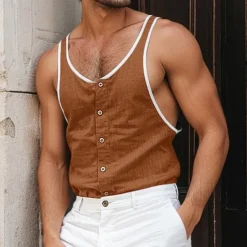 Men's Tank Top Undershirt Sleeveless Shirt Sleeveless U Neck Summer Plain Fashion Designer Muscle Patchwork Button-Down Outdoor Going out Gym Black Navy Blue Brown Top Tee for Men