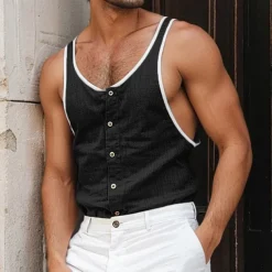 Men's Tank Top Undershirt Sleeveless Shirt Sleeveless U Neck Summer Plain Fashion Designer Muscle Patchwork Button-Down Outdoor Going out Gym Black Navy Blue Brown Top Tee for Men