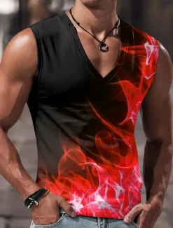 Men's Tank Top Vest Top Sleeveless T Shirt for Men Graphic Color Block Flame V Neck Clothing Apparel 3D Print Sports Running Sleeveless 3D Print Designer Casual Muscle