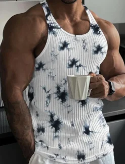 Men's Tank Top Vest Top Undershirt Sleeveless Shirt Sleeveless Crew Neck Summer Tie Dye Pit Strip Fashion Designer Muscle Knitted Outdoor Going out Gym Black White Blue Top Tee for Men