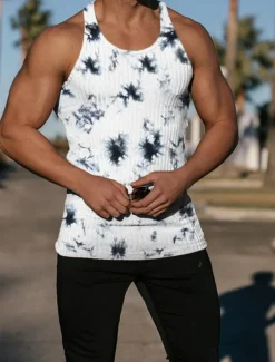 Men's Tank Top Vest Top Undershirt Sleeveless Shirt Sleeveless Crew Neck Summer Tie Dye Pit Strip Fashion Designer Muscle Knitted Outdoor Going out Gym Black White Blue Top Tee for Men