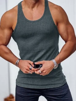 Men's Tank Top Vest Top Undershirt Sleeveless Shirt Sleeveless U Neck Summer Spring Striped Fashion Streetwear Sport Indoor Casual Daily Black White Dark Navy Top Tee for Men