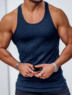 Men's Tank Top Vest Top Undershirt Sleeveless Shirt Sleeveless U Neck Summer Spring Striped Fashion Streetwear Sport Indoor Casual Daily Black White Dark Navy Top Tee for Men
