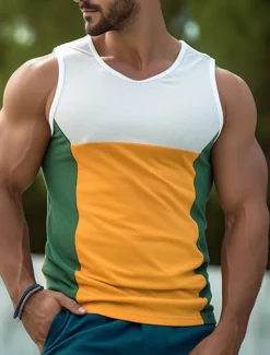 Men's Tank Top Vest Top Undershirt Sleeveless Shirt Sleeveless Crew Neck Summer Color Block Fashion Designer Muscle Outdoor Going out Gym Yellow Blue Orange Top Tee for Men