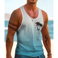 Men's Tank Top Vest Top Undershirt Sleeveless Shirt Sleeveless Crew Neck Summer Gradient Coconut Tree Fashion Designer Basic Print Vacation Street Going out Blue Orange Dark Blue Top Tee for Men
