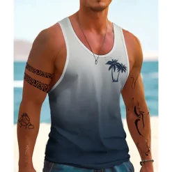 Men's Tank Top Vest Top Undershirt Sleeveless Shirt Sleeveless Crew Neck Summer Gradient Coconut Tree Fashion Designer Basic Print Vacation Street Going out Blue Orange Dark Blue Top Tee for Men
