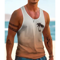 Men's Tank Top Vest Top Undershirt Sleeveless Shirt Sleeveless Crew Neck Summer Gradient Coconut Tree Fashion Designer Basic Print Vacation Street Going out Blue Orange Dark Blue Top Tee for Men