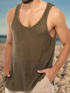 Men's Tank Top Vest Top Undershirt Sleeveless Shirt Sleeveless Crew Neck Summer Solid Color Sports Fashion Lightweight Vacation Casual Daily Black White Brown Top Tee for Men