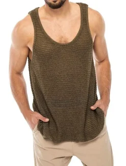 Men's Tank Top Vest Top Undershirt Sleeveless Shirt Sleeveless Crew Neck Summer Solid Color Sports Fashion Lightweight Vacation Casual Daily Black White Brown Top Tee for Men