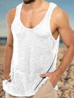 Men's Tank Top Vest Top Undershirt Sleeveless Shirt Sleeveless Crew Neck Summer Solid Color Sports Fashion Lightweight Vacation Casual Daily Black White Brown Top Tee for Men