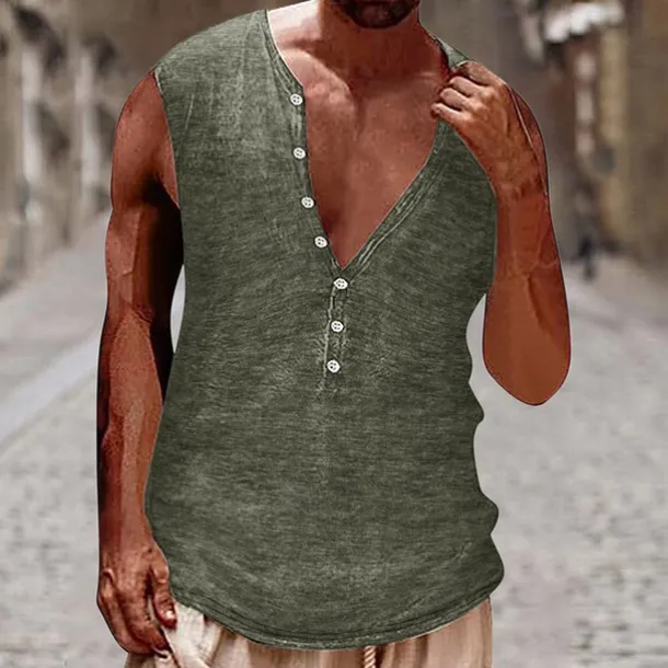 Men's Tank Top Vest Top Undershirt Sleeveless Shirt Sleeveless Henley Summer Plain Vintage Fashion Designer Buttons Vacation Street Going out Black White Brown Top Tee for Men