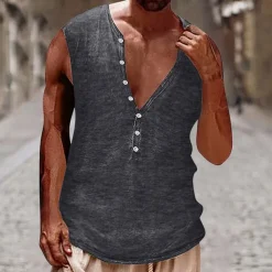 Men's Tank Top Vest Top Undershirt Sleeveless Shirt Sleeveless Henley Summer Plain Vintage Fashion Designer Buttons Vacation Street Going out Black White Brown Top Tee for Men