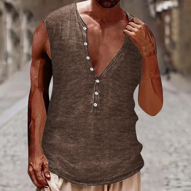 Men's Tank Top Vest Top Undershirt Sleeveless Shirt Sleeveless Henley Summer Plain Vintage Fashion Designer Buttons Vacation Street Going out Black White Brown Top Tee for Men