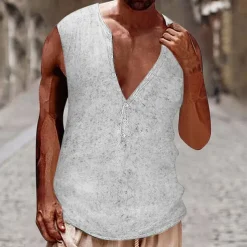 Men's Tank Top Vest Top Undershirt Sleeveless Shirt Sleeveless Henley Summer Plain Vintage Fashion Designer Buttons Vacation Street Going out Black White Brown Top Tee for Men