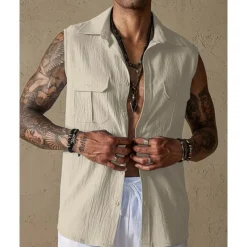 Men's Tank Top Vest Top Undershirt Sleeveless Shirt Sleeveless Lapel Summer Plain Fashion Designer Basic Buttons Pocket Vacation Street Casual Daily Black Green Beige Top Tee for Men