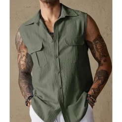 Men's Tank Top Vest Top Undershirt Sleeveless Shirt Sleeveless Lapel Summer Plain Fashion Designer Basic Buttons Pocket Vacation Street Casual Daily Black Green Beige Top Tee for Men