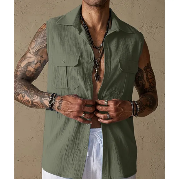 Men's Tank Top Vest Top Undershirt Sleeveless Shirt Sleeveless Lapel Summer Plain Fashion Designer Basic Buttons Pocket Vacation Street Casual Daily Black Green Beige Top Tee for Men
