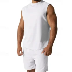 Men's Tank T-shirt Suits Undershirt 2 Pieces Outfits Short Sleeve Crewneck Summer Plain Fashion Casual 2 Piece Vacation Daily Wear Going out Black White Red Top Tee for Men