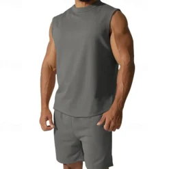 Men's Tank T-shirt Suits Undershirt 2 Pieces Outfits Short Sleeve Crewneck Summer Plain Fashion Casual 2 Piece Vacation Daily Wear Going out Black White Red Top Tee for Men