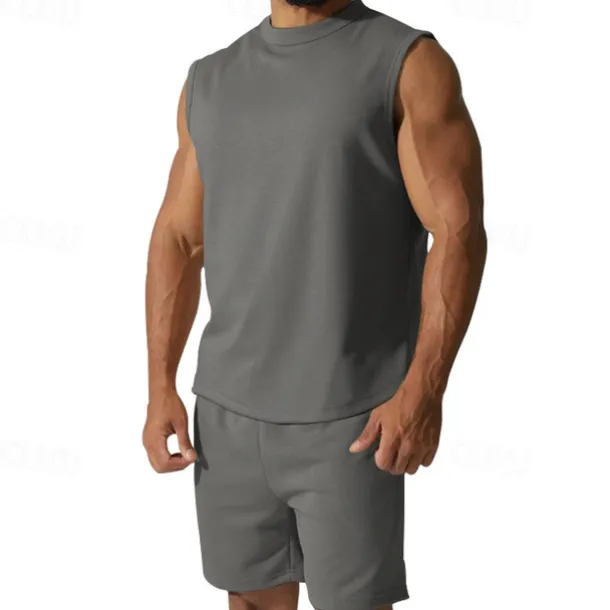 Men's Tank T-shirt Suits Undershirt 2 Pieces Outfits Short Sleeve Crewneck Summer Plain Fashion Casual 2 Piece Vacation Daily Wear Going out Black White Red Top Tee for Men