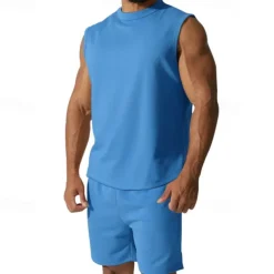 Men's Tank T-shirt Suits Undershirt 2 Pieces Outfits Short Sleeve Crewneck Summer Plain Fashion Casual 2 Piece Vacation Daily Wear Going out Black White Red Top Tee for Men