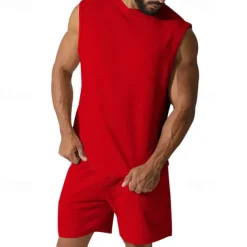 Men's Tank T-shirt Suits Undershirt 2 Pieces Outfits Short Sleeve Crewneck Summer Plain Fashion Casual 2 Piece Vacation Daily Wear Going out Black White Red Top Tee for Men