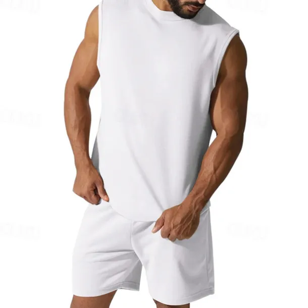 Men's Tank T-shirt Suits Undershirt 2 Pieces Outfits Short Sleeve Crewneck Summer Plain Fashion Casual 2 Piece Vacation Daily Wear Going out Black White Red Top Tee for Men