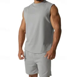 Men's Tank T-shirt Suits Undershirt 2 Pieces Outfits Short Sleeve Crewneck Summer Plain Fashion Casual 2 Piece Vacation Daily Wear Going out Black White Red Top Tee for Men