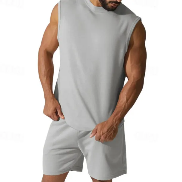 Men's Tank T-shirt Suits Undershirt 2 Pieces Outfits Short Sleeve Crewneck Summer Plain Fashion Casual 2 Piece Vacation Daily Wear Going out Black White Red Top Tee for Men