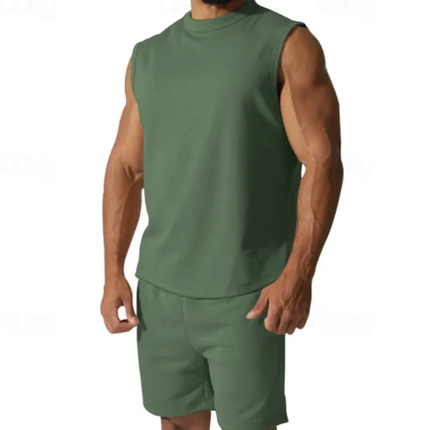 Men's Tank T-shirt Suits Undershirt 2 Pieces Outfits Short Sleeve Crewneck Summer Plain Fashion Casual 2 Piece Vacation Daily Wear Going out Black White Red Top Tee for Men