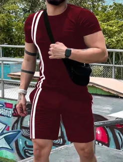 Men's Tee & Drawstring Waist Shorts 2 Pieces Outfits Short Sleeve Crewneck Summer Color Block Striped Fashion Sport Casual 2 Piece Vacation Casual Daily Wear Black Wine Green Top Tee for Men