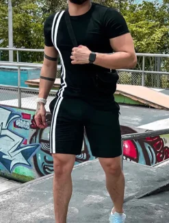 Men's Tee & Drawstring Waist Shorts 2 Pieces Outfits Short Sleeve Crewneck Summer Color Block Striped Fashion Sport Casual 2 Piece Vacation Casual Daily Wear Black Wine Green Top Tee for Men