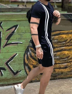 Men's Tee & Drawstring Waist Shorts 2 Pieces Outfits Short Sleeve Crewneck Summer Color Block Striped Fashion Sport Casual 2 Piece Vacation Casual Daily Wear Black Wine Green Top Tee for Men