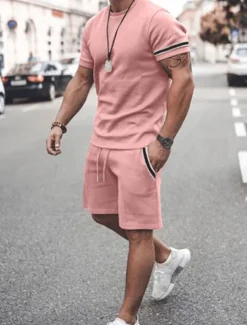 Men's Tee & Drawstring Waist Shorts 2 Pieces Outfits Short Sleeves Crewneck Summer Striped Fashion Sport Casual 2 Piece Striped Trim Vacation Daily Wear Activewear Black Pink Khaki Top Tee for Men