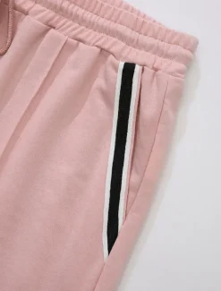 Men's Tee & Drawstring Waist Shorts 2 Pieces Outfits Short Sleeves Crewneck Summer Striped Fashion Sport Casual 2 Piece Striped Trim Vacation Daily Wear Activewear Black Pink Khaki Top Tee for Men