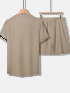 Men's Tee & Drawstring Waist Shorts 2 Pieces Outfits Short Sleeves Crewneck Summer Striped Fashion Sport Casual 2 Piece Striped Trim Vacation Daily Wear Activewear Black Pink Khaki Top Tee for Men