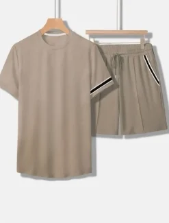 Men's Tee & Drawstring Waist Shorts 2 Pieces Outfits Short Sleeves Crewneck Summer Striped Fashion Sport Casual 2 Piece Striped Trim Vacation Daily Wear Activewear Black Pink Khaki Top Tee for Men