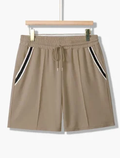 Men's Tee & Drawstring Waist Shorts 2 Pieces Outfits Short Sleeves Crewneck Summer Striped Fashion Sport Casual 2 Piece Striped Trim Vacation Daily Wear Activewear Black Pink Khaki Top Tee for Men