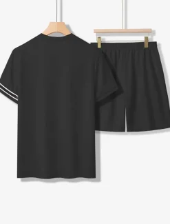 Men's Tee & Drawstring Waist Shorts 2 Pieces Outfits Short Sleeves Crewneck Summer Striped Fashion Sport Casual 2 Piece Striped Trim Vacation Daily Wear Activewear Black Pink Khaki Top Tee for Men