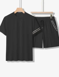 Men's Tee & Drawstring Waist Shorts 2 Pieces Outfits Short Sleeves Crewneck Summer Striped Fashion Sport Casual 2 Piece Striped Trim Vacation Daily Wear Activewear Black Pink Khaki Top Tee for Men
